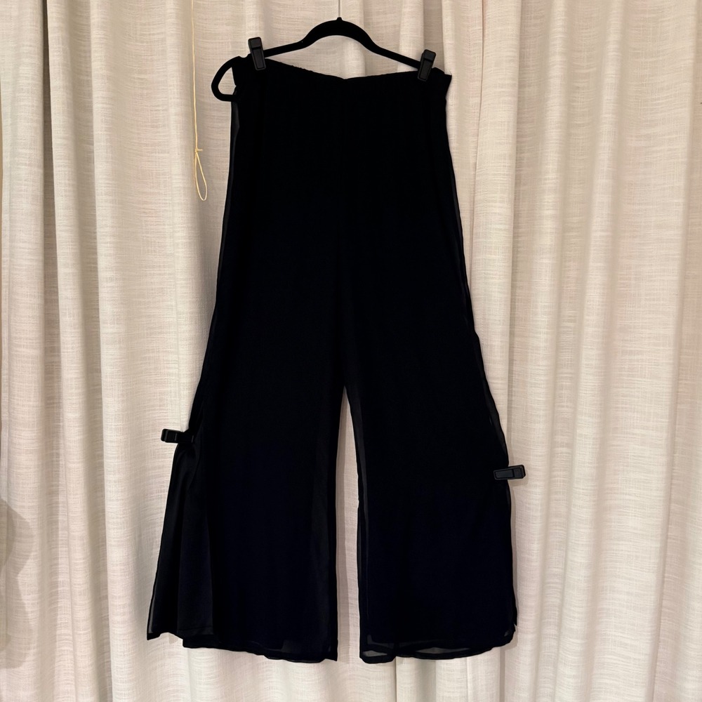 Susan Graver Wide Leg Pants L Black Chiffon Overlay Lined‎ Elastic Waist Wedding